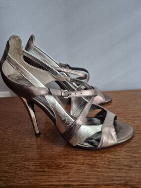 Sexy Guess Leather Metallic Pewter and Silver Strappy Stiletto Heels (8.5)